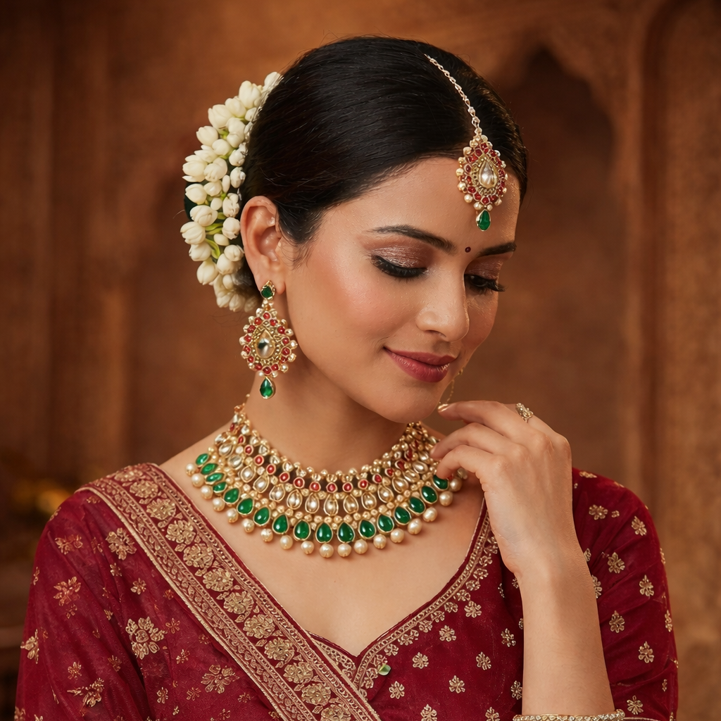Gold Red Green Kundan Pearl Choker Set