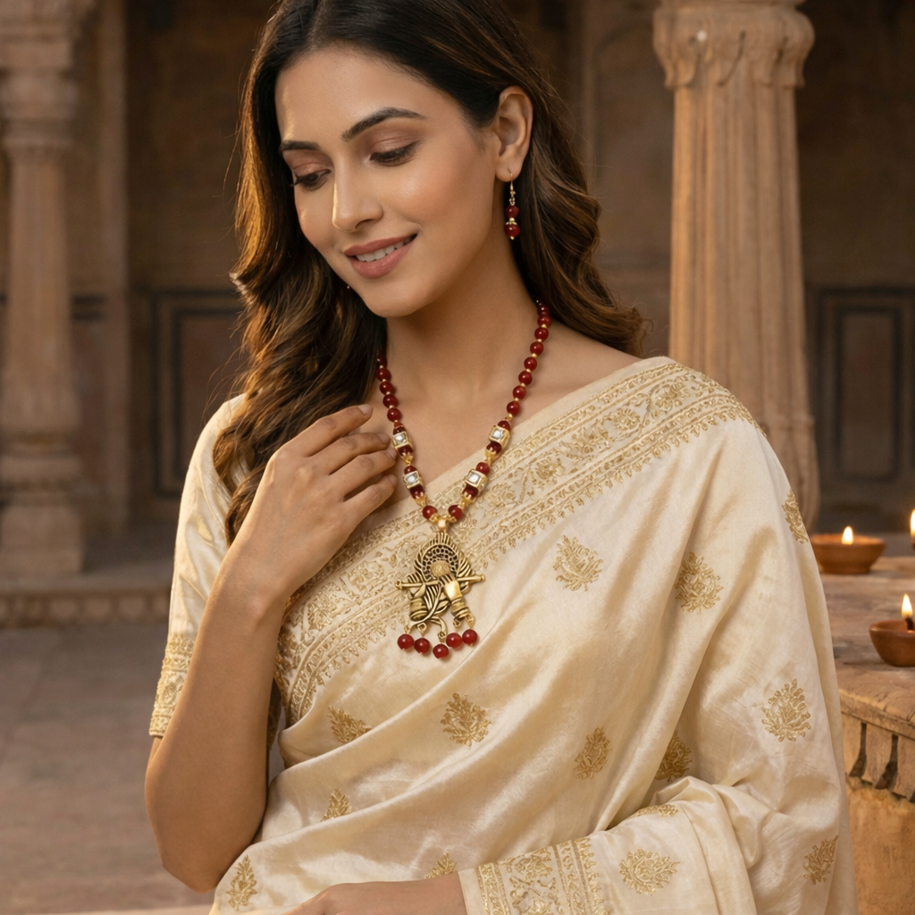 Red Kundan Krishna Temple Necklace Set