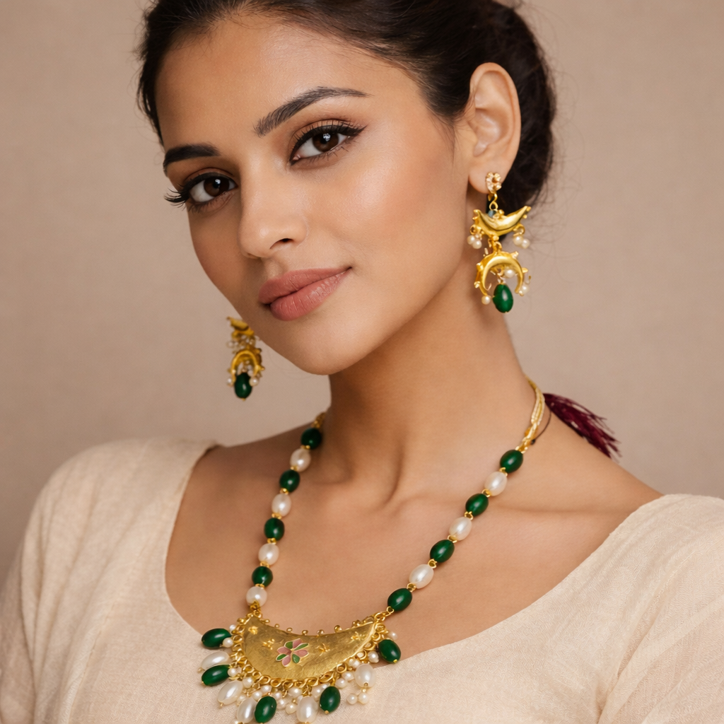 Royal Green Pearl Temple Necklace Set