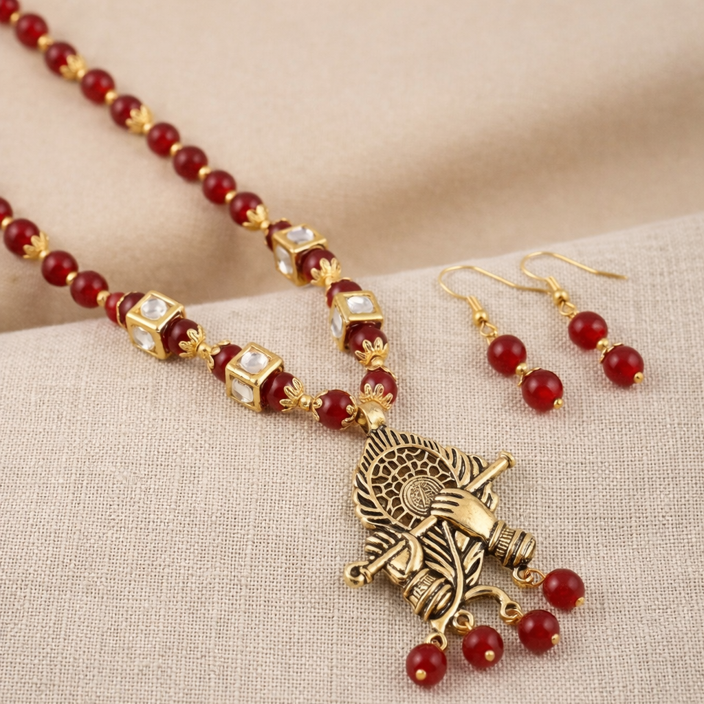Red Kundan Krishna Temple Necklace Set