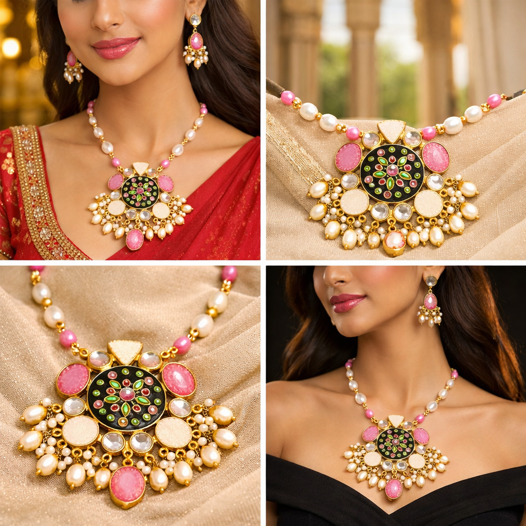 Pink Kundan Pearl Statement Necklace Set