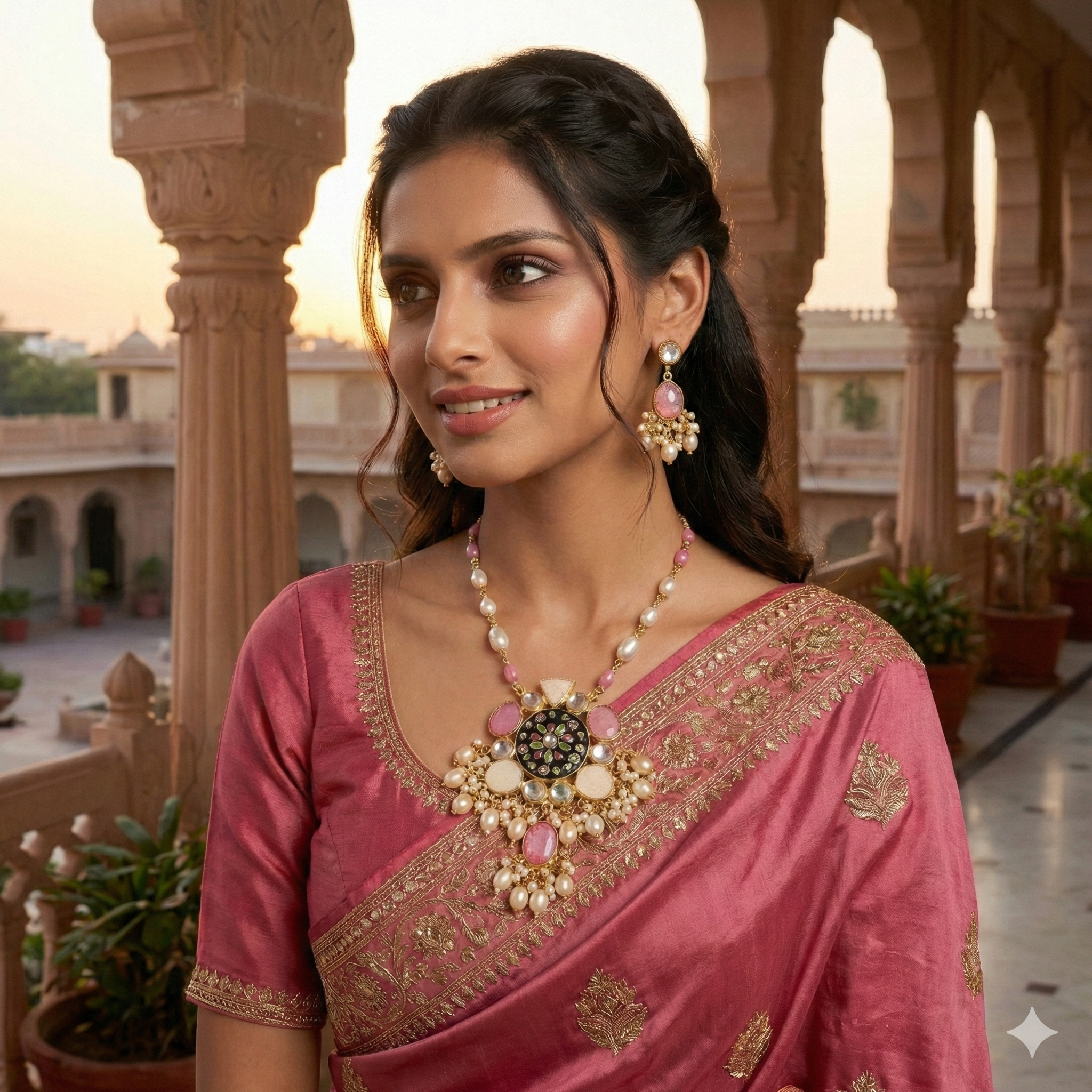 Pink Kundan Pearl Statement Necklace Set