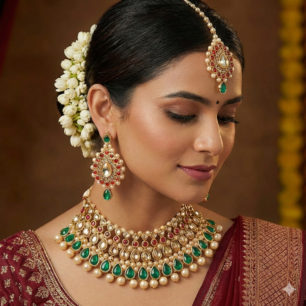 Gold Red Green Kundan Pearl Choker Set